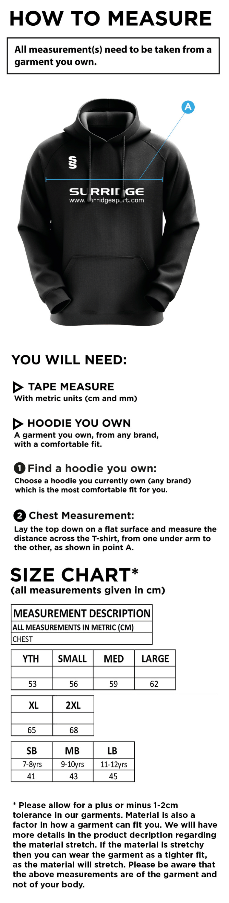 Stanwix School Student Hoody - Size Guide