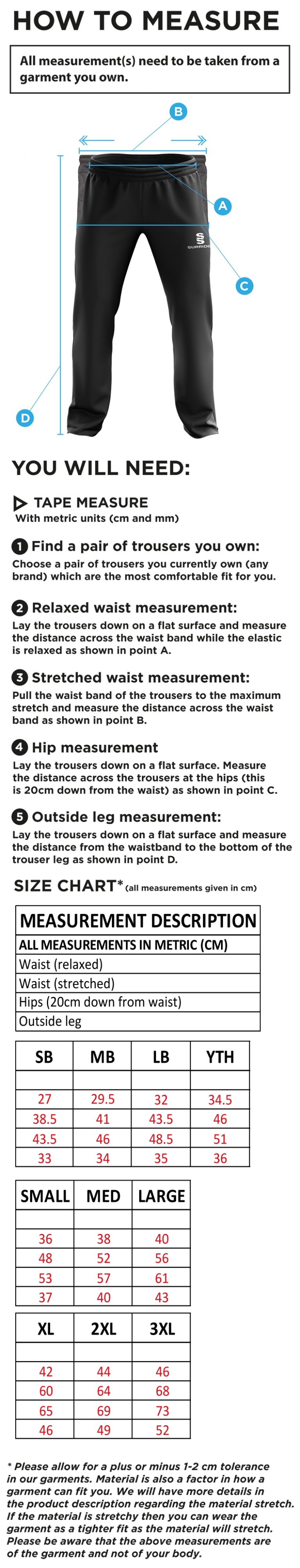 Stanwix School  Tracksuit Pant - Size Guide