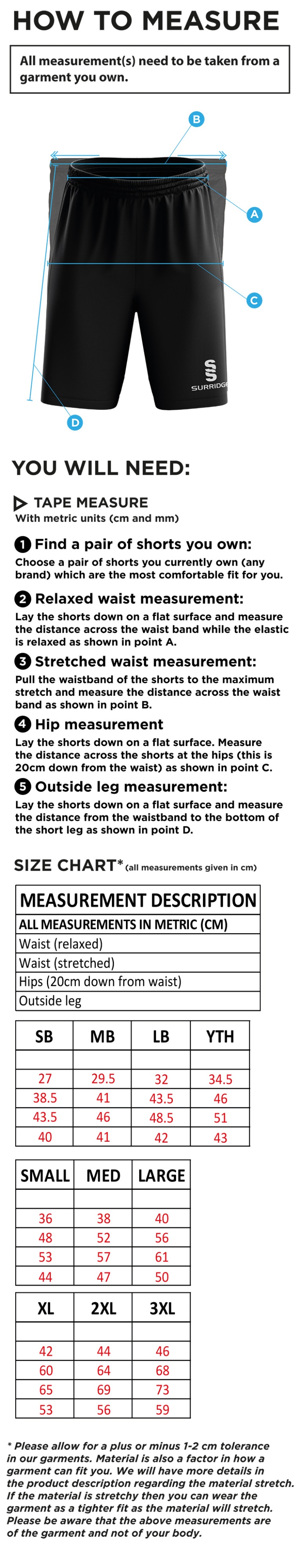 Stanwix School Training Shorts - Size Guide