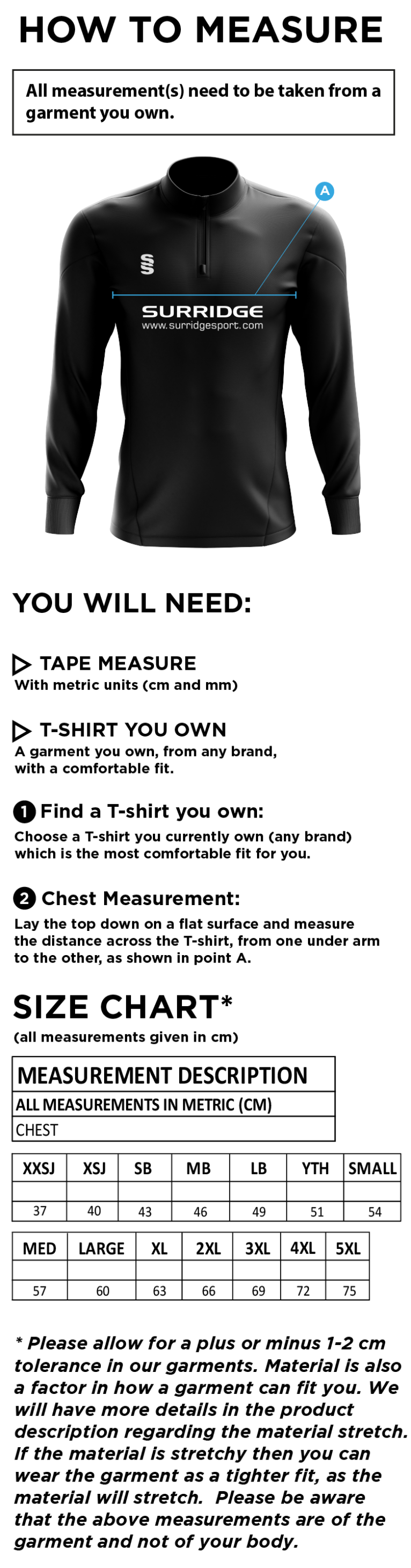 Stanwix School Performance Top - Size Guide