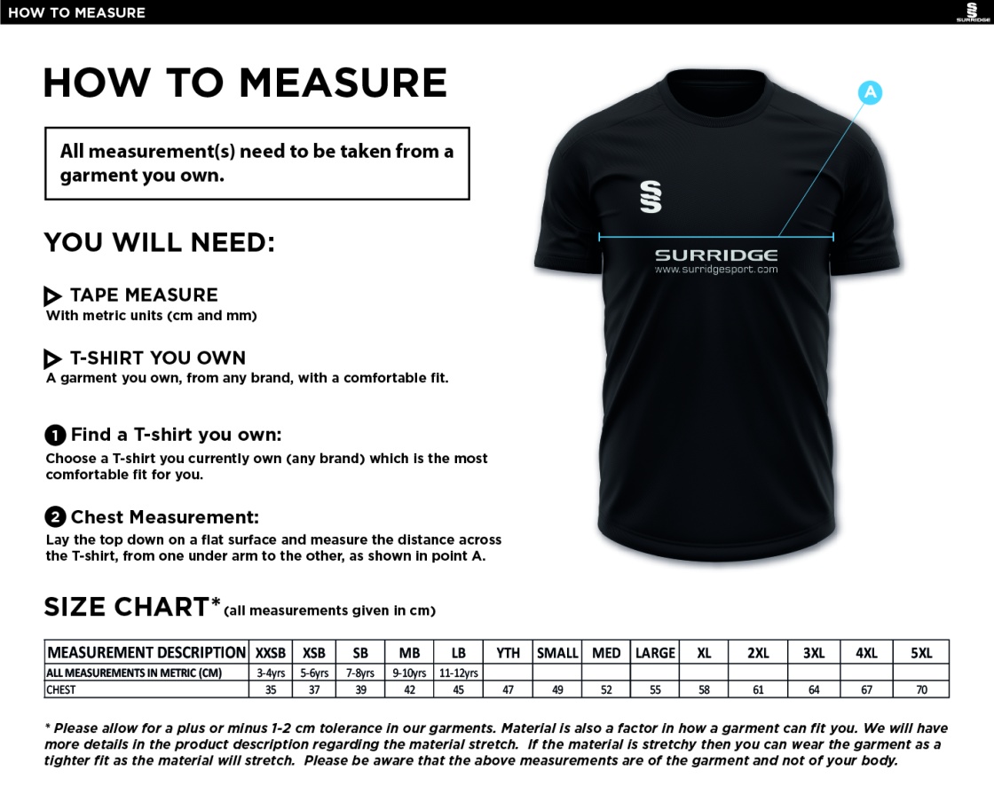 Stanwix School Training Shirt - Size Guide