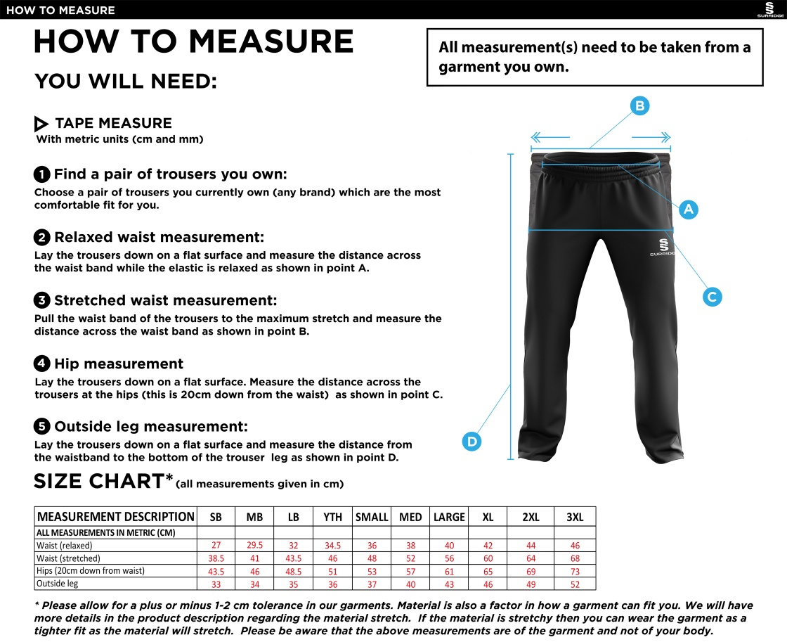 Stanwix School  Tracksuit Pant - Size Guide