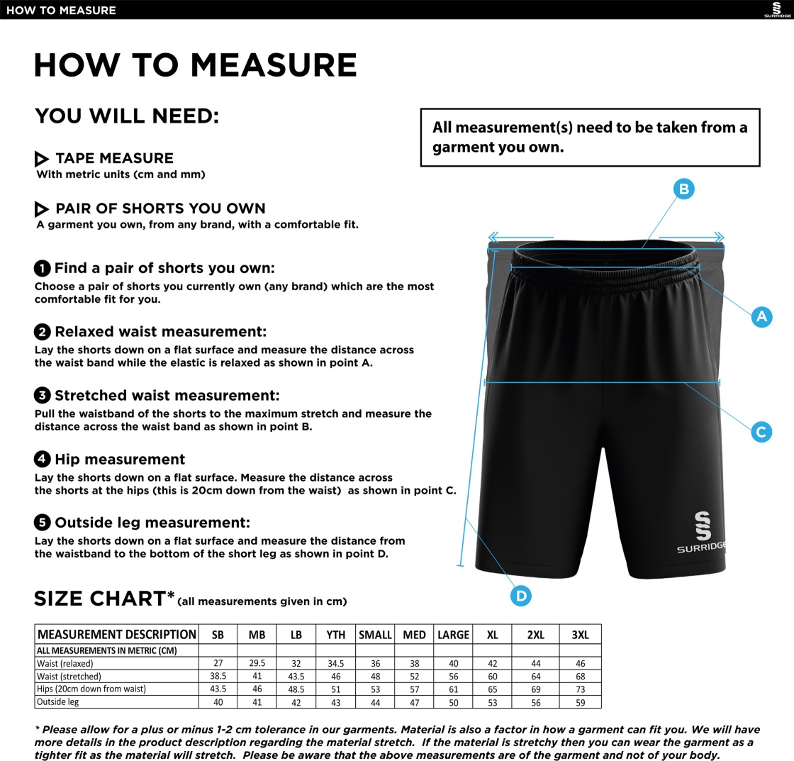 Stanwix School Training Shorts - Size Guide